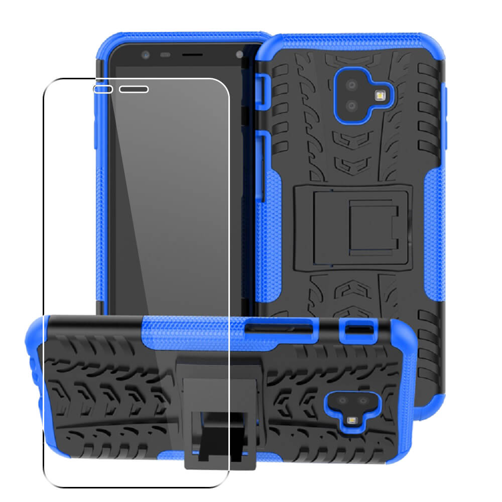 SDTEK-hoesje voor Samsung Galaxy J4+ J6+ Plus Rugged Armor- telefoonhoes met ingebouwde + glazen schermbeschermer 360 bescherming (Blauw)