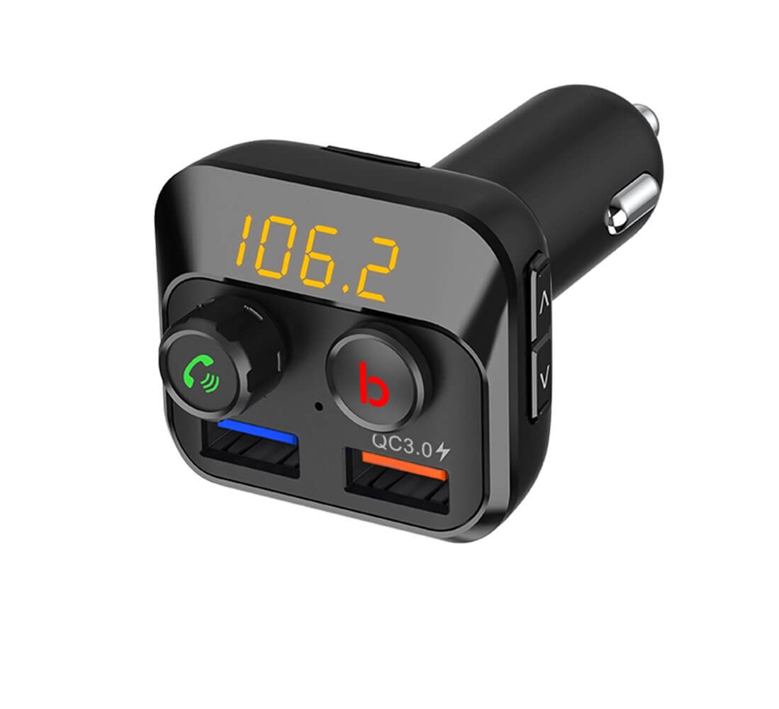 FM Transmitter Handsfree for Car 12v Socket with QC USB Charger Port, USB File Port and Memory Card Slot iPhone, Samsung