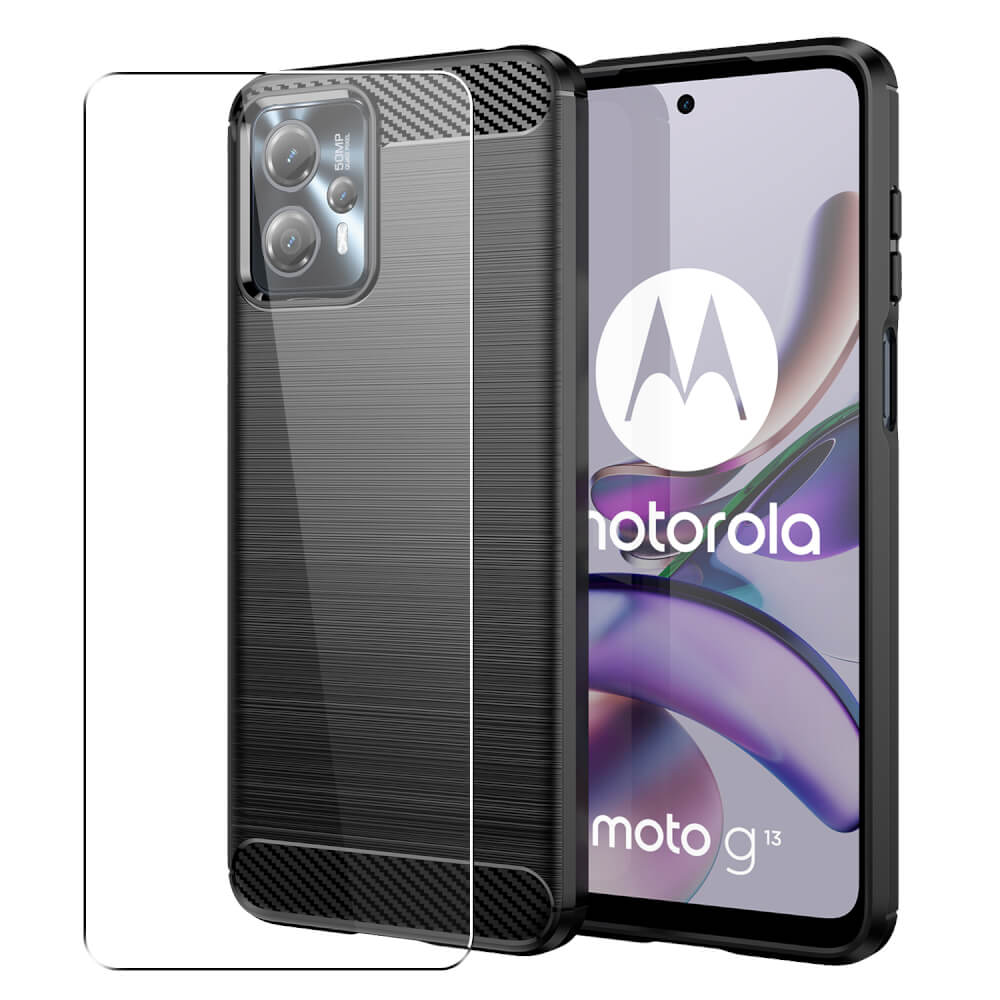 Case voor Motorola Moto G13 / G23 / G53 Full Body Voor- en achterkant 360 Protection Carbon Fiber Phone Cover met Tempered Glass Screen Protector