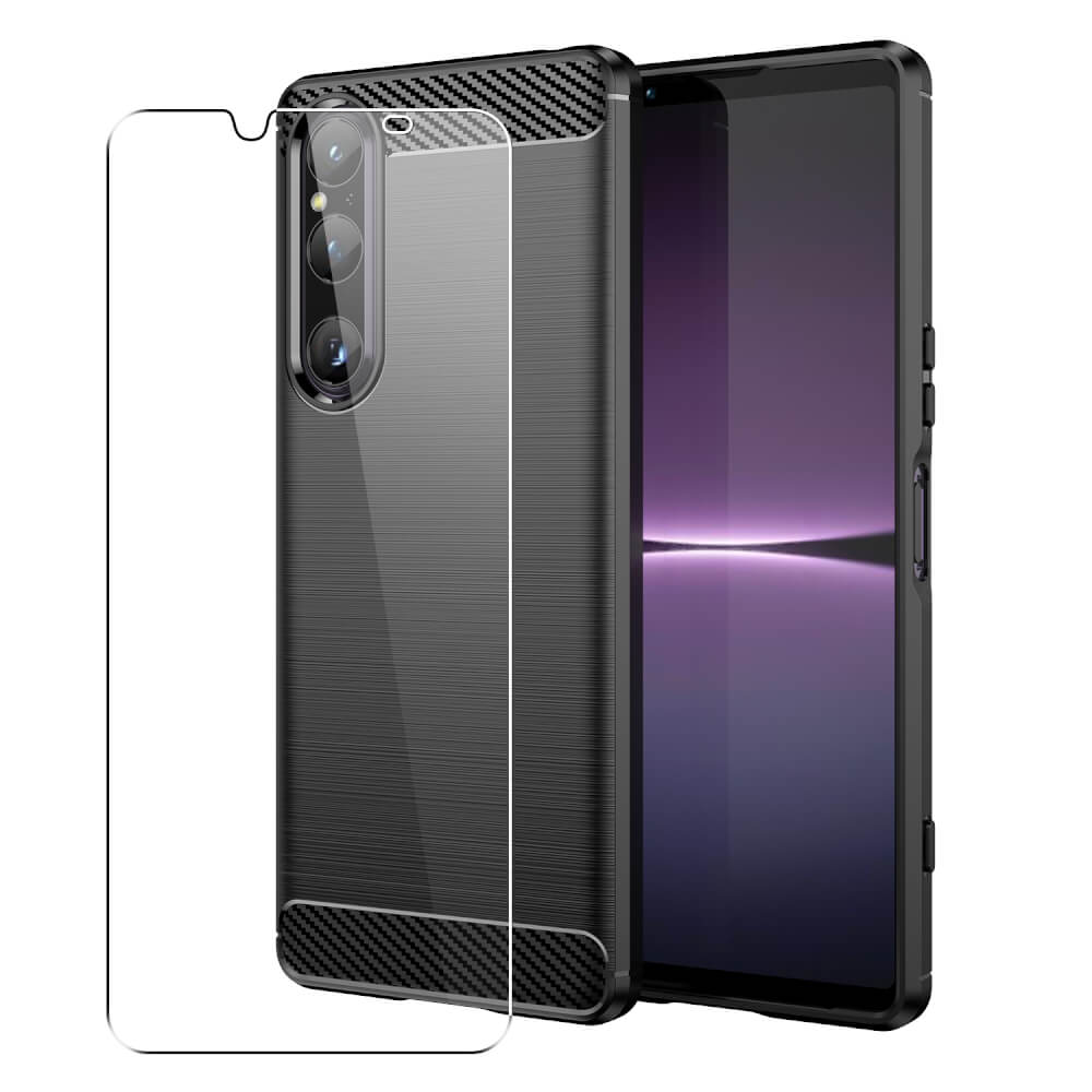 Carbon Case for Sony Xperia 1 V Phone Cover and Glass Screen Protector