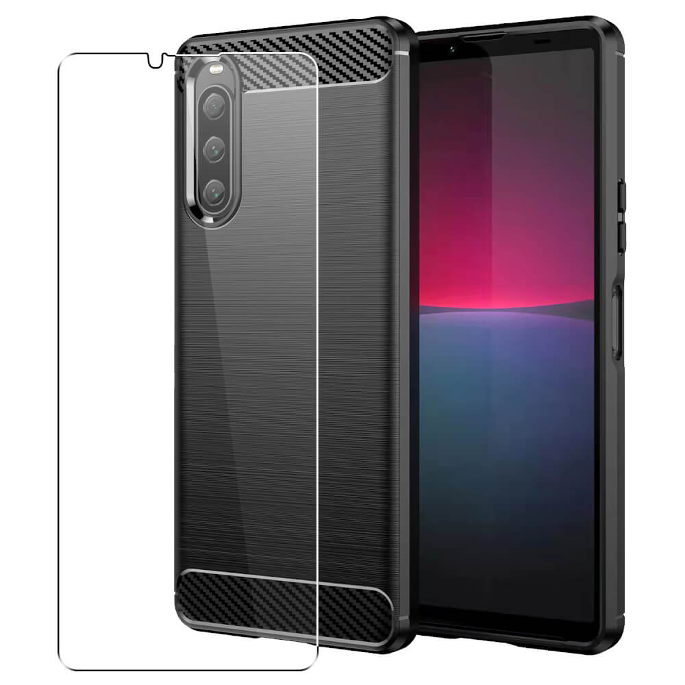 Carbon Case for Sony Xperia 10 V Phone Cover and Glass Screen Protector