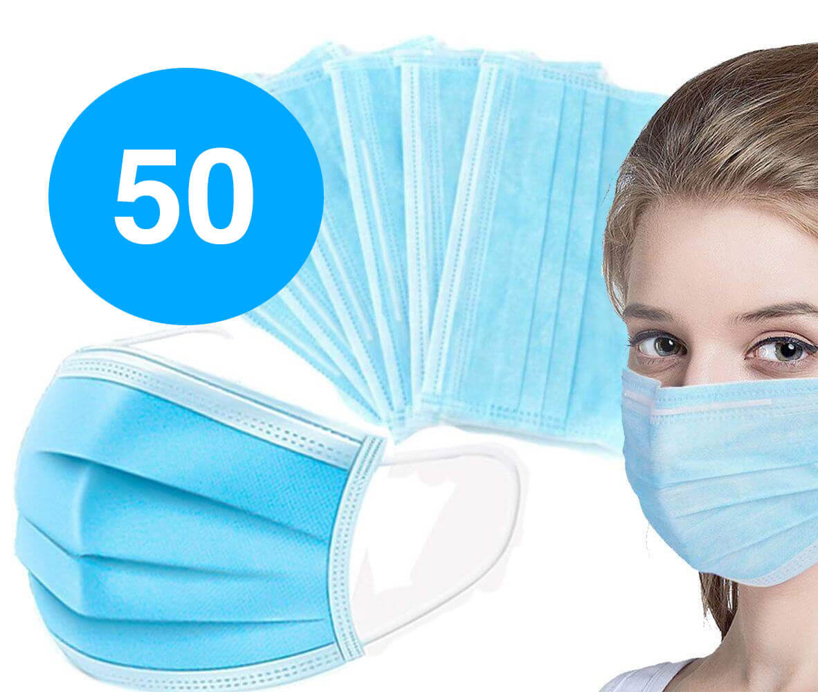 50x 3 Ply Face Masks Disposable Filter Medical Protection (Blue)
