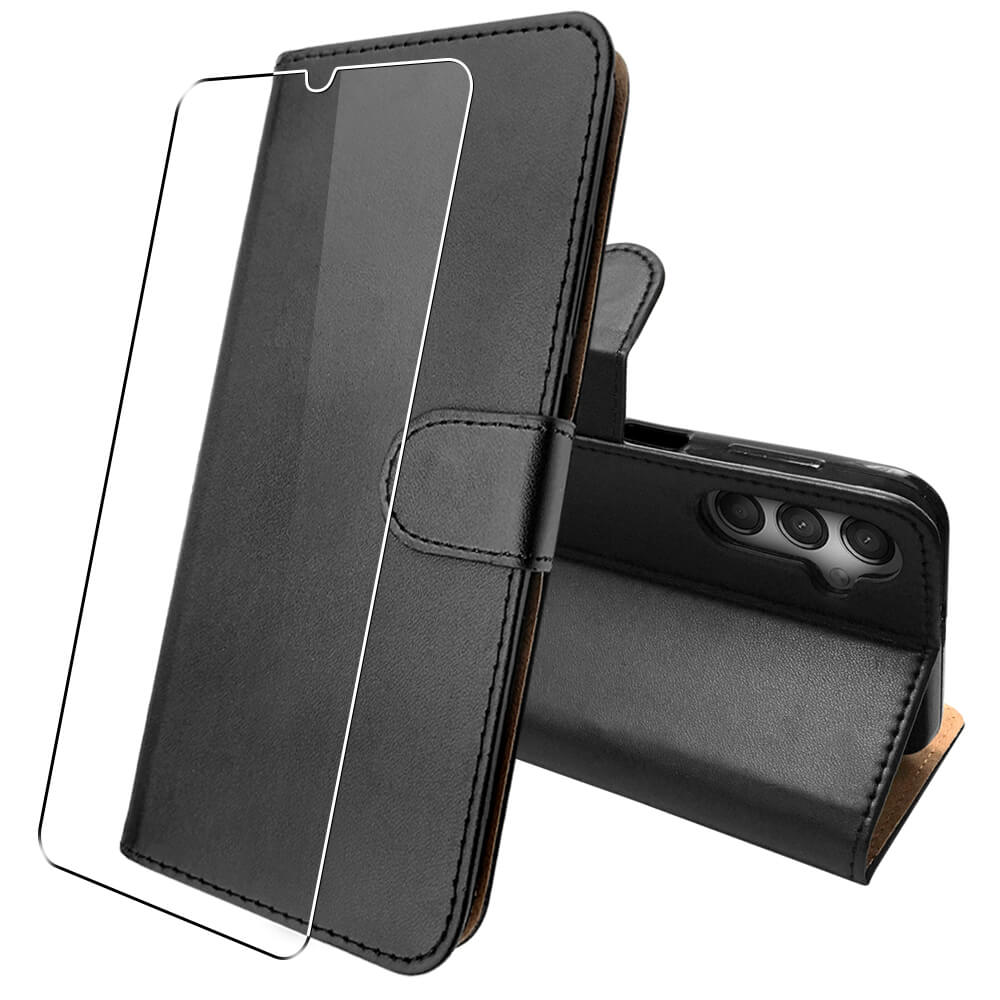 Leather Wallet Flip Case for Samsung Galaxy A24 4G and Glass Screen Protector Cover Black