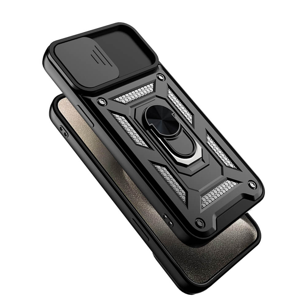SDTEK Funda Para iPhone 15 Pro Max Protección Lente Cámara, Soporte, Anillo  Magnético Protector Pantalla Vidrio Negro