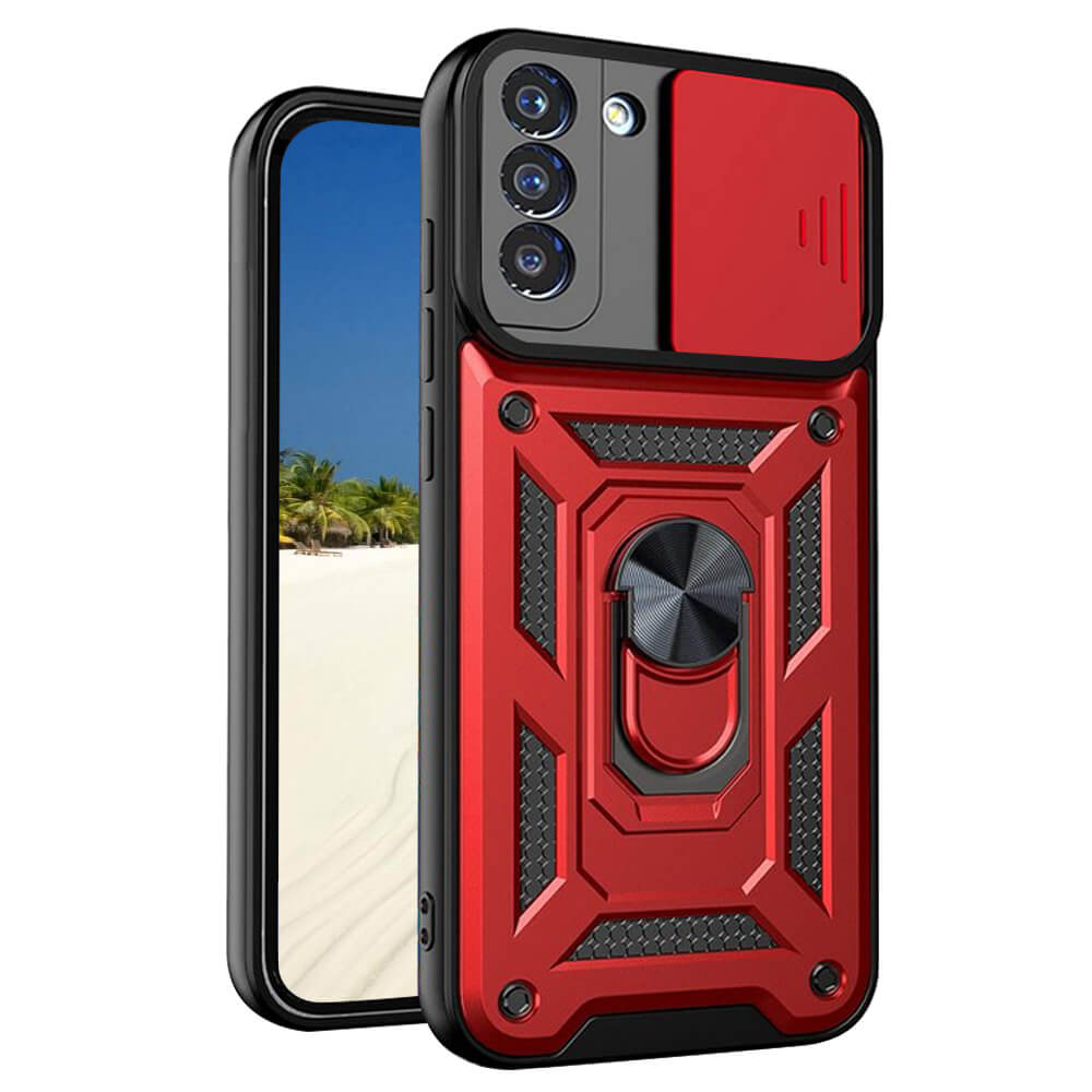 SDTEK Case for Samsung Galaxy S21 FE Camera Protector Cover Ring Stand Red