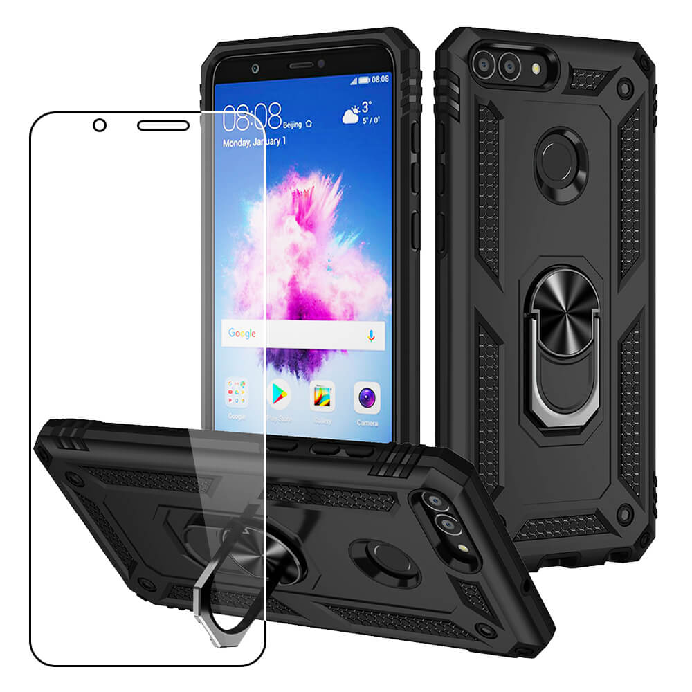 Case for Huawei P Smart (2017/2018) Strong Rugged Hybrid Phone Cover with Magnetic Ring Holder + Stand and Glass Screen Protector 360 Black