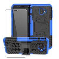 SDTEK-hoesje voor Samsung Galaxy J4+ / J6+ Plus Rugged Armor-telefoonhoes met ingebouwde standaard + glazen schermbeschermer 360 bescherming (Blauw)