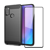 Carbon Fibre Case for Samsung Galaxy M51 + Full Glass Screen Protector Cover