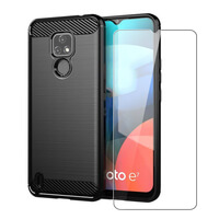 Carbon Case for Motorola Moto E7 XT2095 Phone Cover and Glass Screen Protector