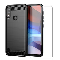 Carbon Case for Motorola Moto E7i Power Phone Cover and Glass Screen Protector
