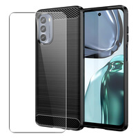 Case voor Motorola Moto G62 5G Full Body Voor en Achter 360 Bescherming Koolstofvezel Telefoon Cover met Gehard Glas Screen Protector