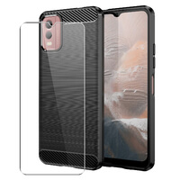 Carbon Case for Nokia C32 Phone Cover and Glass Screen Protector