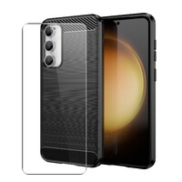 hoesje voor Samsung Galaxy S23 FE Full Body voor- en achterkant 360 bescherming Koolstofvezel telefoonhoes met gehard glas schermbeschermer