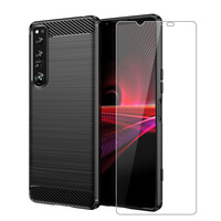 Case voor Sony Xperia 1 IV Full Body Voor en Achter 360 Bescherming Carbon Fiber Telefoon Cover met Gehard Glas Screen Protector