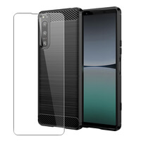Case voor Sony Xperia 5 IV Full Body Voor en Achter 360 Bescherming Koolstofvezel Telefoon Cover met Gehard Glas Screen Protector