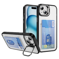 Custodia Per iPhone 15 Porta Carte Copertura Fotocamera Stand Nero