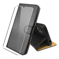 Leather Wallet Flip Case for Nokia C32 and Screen Protector Cover Black