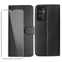 Leather Wallet Flip Case for Samsung Galaxy A13 / A04s and Glass Screen Protector Cover Black