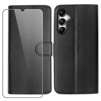 Leather Wallet Flip Case for Samsung Galaxy A14 and Glass Screen Protector Cover Black