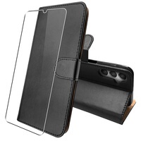 Leather Wallet Flip Case for Samsung Galaxy A24 4G and Screen Protector Cover Black