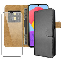 Leather Wallet Flip Case for Samsung Galaxy M13 and Screen Protector Cover Black