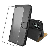 Case voor Samsung Galaxy M33 Leather Wallet Flip Book Folio Wallet View Phone Cover Stand + Glass Screen Protector Zwart