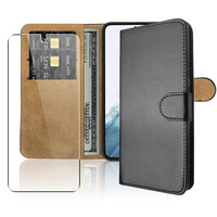 Leather Wallet Flip Case for Samsung Galaxy S23 and Glass Screen Protector Cover Black (Fingerprint unlock compatible)