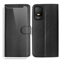 Leather Wallet Flip Case for TCL 403 and Screen Protector Cover Black