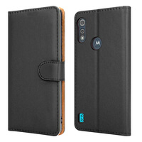 Case voor Motorola Moto E7i Power Leather Wallet Flip Book Folio Wallet View Phone Cover Stand Zwart