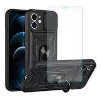 Case for iPhone 11 Phone Cover with Camera Lens Protection, Stand, Magnetic Ring Holder and Glass Screen Protector Black