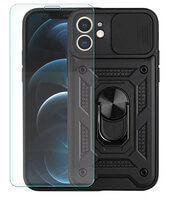 Case for iPhone 12 Phone Cover with Camera Lens Protection, Stand, Magnetic Ring Holder and Glass Screen Protector Black