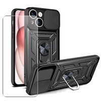 Case for iPhone 15 Phone Cover with Camera Lens Protection, Stand, Magnetic Ring Holder and Glass Screen Protector Black