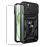 Hülle Für iPhone 15 Plus Handyhülle Kameraobjektivschutz, Ständer, Magnetringhalter Glas Displayschutzfolie Schwarz