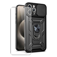Case for iPhone 15 Pro Max Phone Cover with Camera Lens Protection, Stand, Magnetic Ring Holder and Glass Screen Protector Black