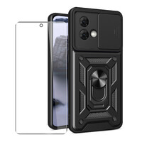 Case for Motorola Moto G84 Phone Cover with Camera Lens Protection, Stand, Magnetic Ring Holder and Glass Screen Protector Black