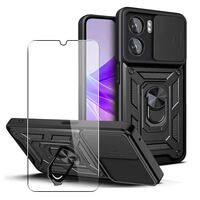 Case for Oppo A57 / A77 Phone Cover with Camera Lens Protection, Stand, Magnetic Ring Holder and Glass Screen Protector Black
