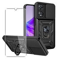 Case for Oppo A58 / A78 5G Phone Cover with Camera Lens Protection, Stand, Magnetic Ring Holder and Glass Screen Protector Black