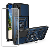 Case for Samsung Galaxy A04s / A13 5G Phone Cover with Camera Lens Protection, Stand, Magnetic Ring Holder and Glass Screen Protector Navy