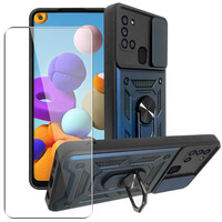 Case for Samsung Galaxy A21s Phone Cover with Camera Lens Protection, Stand, Magnetic Ring Holder and Glass Screen Protector Navy