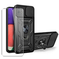 SDTEK-hoesje voor Samsung Galaxy A22 5G telefoonhoes met cameralensbescherming, standaard, magnetische ringhouder en glazen schermbeschermer Zwart