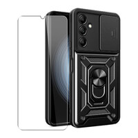 Coque Pour Samsung Galaxy A25 / A24 Housse Téléphone D'objectif D'appareil Photo, Support, Bague Magnétique Protecteur écran Verre Noir