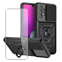 Case for Samsung Galaxy A53 5G Phone Cover with Camera Lens Protection, Stand, Magnetic Ring Holder and Glass Screen Protector Black