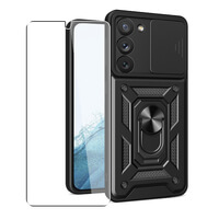 Funda Para Samsung Galaxy S23 Protección Lente Cámara, Soporte, Anillo Magnético Protector Pantalla Vidrio Negro (Compatible con desbloqueo de huellas dactilares)