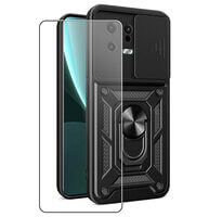 Case for Xiaomi 13 Phone Cover with Camera Lens Protection, Stand, Magnetic Ring Holder and Glass Screen Protector Black