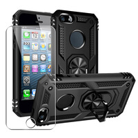 Hülle Für iPhone SE (2016-2019) 5 5s Starke Robuste Hybrid-Telefonabdeckung Integriertem Magnetringhalter Glas-Displayschutzfolie 360 Schwarz
