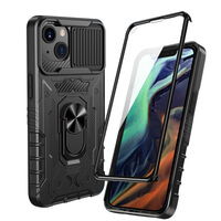 Case for iPhone 13 Glass Screen Protector Camera Cover Ring Stand Black